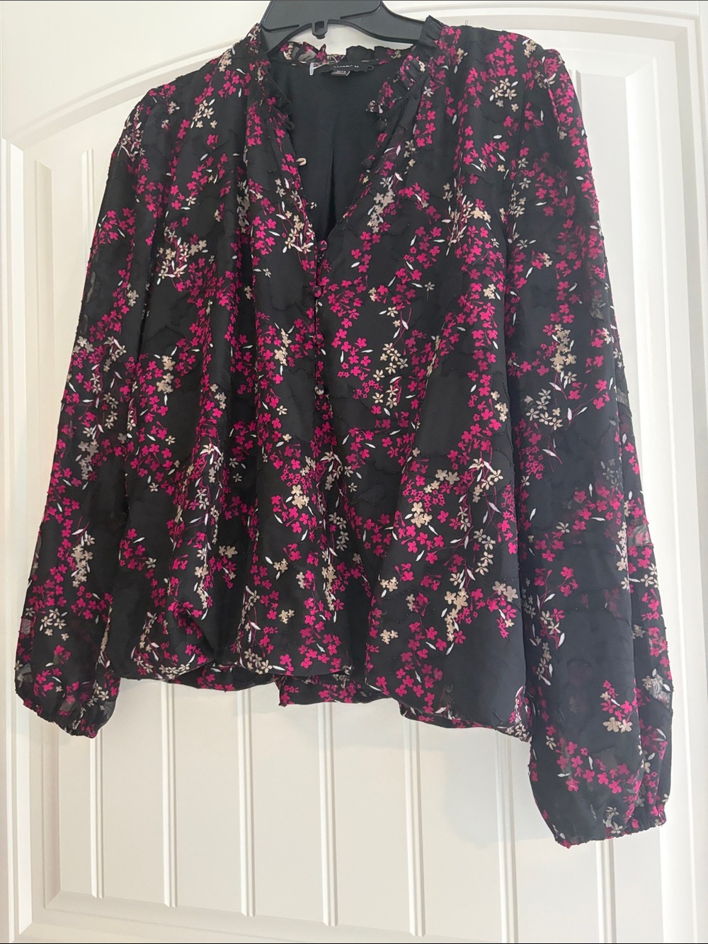 Black Floral V-Neck Long-Sleeve Blouse with Pink & Cream Accents